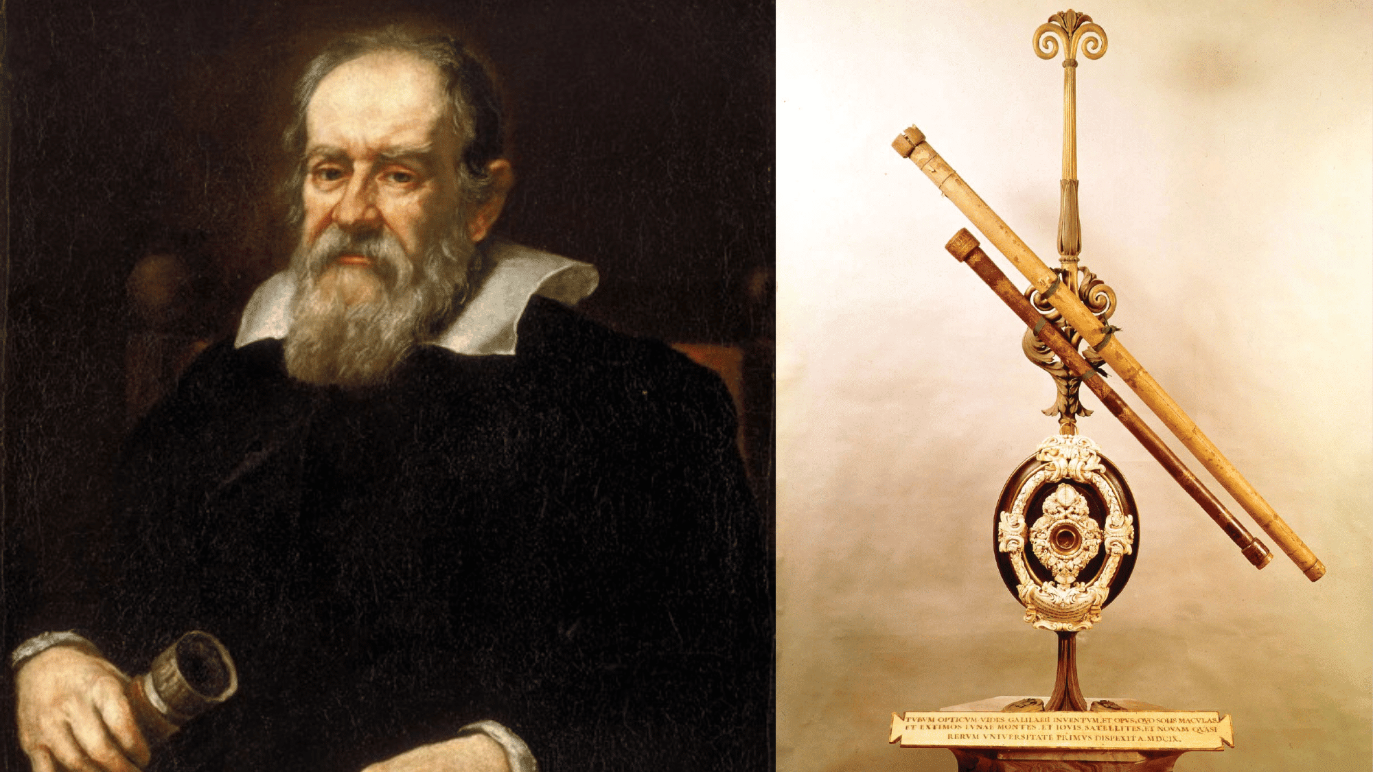 Portrait of Galileo Galilei holding a telescope tube beside the galileo galilei telescope mounted on a decorative stand.