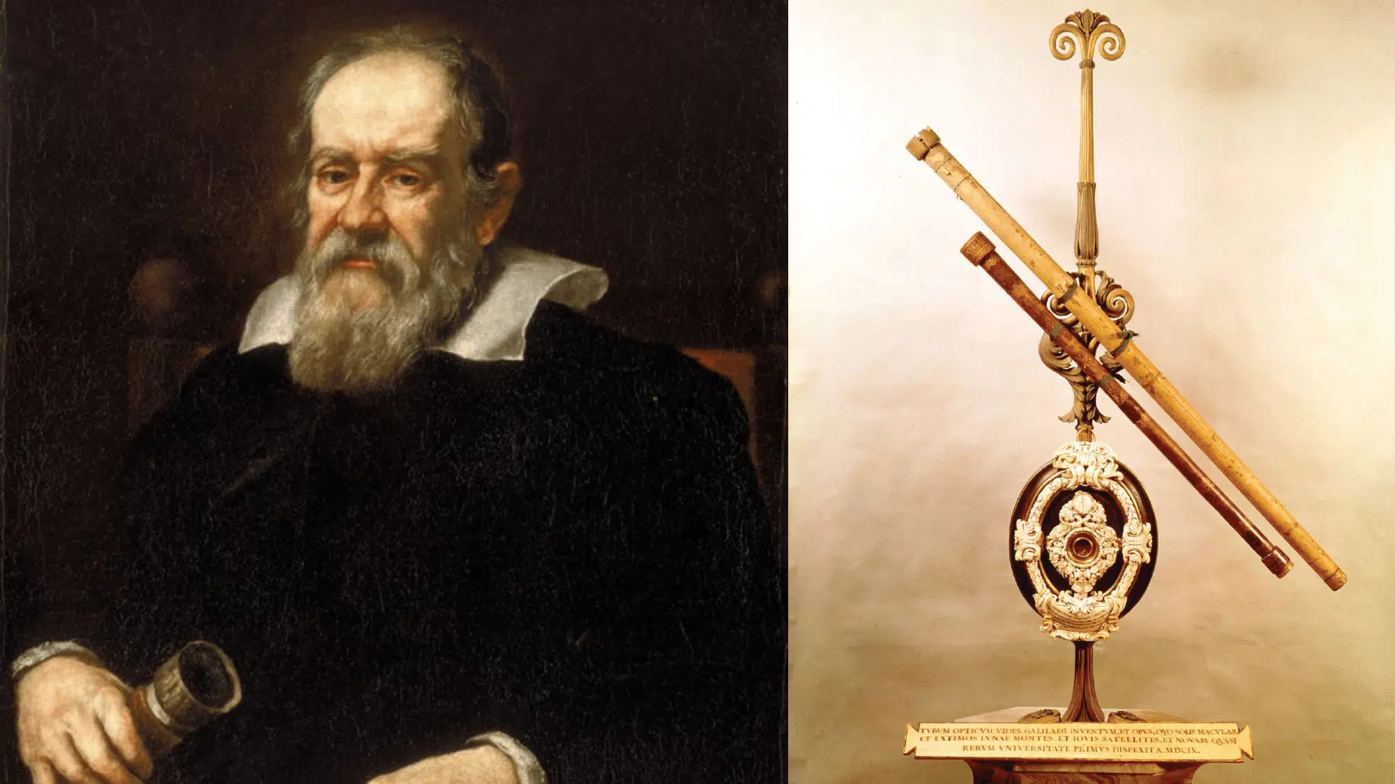 Portrait of Galileo Galilei holding a telescope tube beside the galileo galilei telescope mounted on a decorative stand.