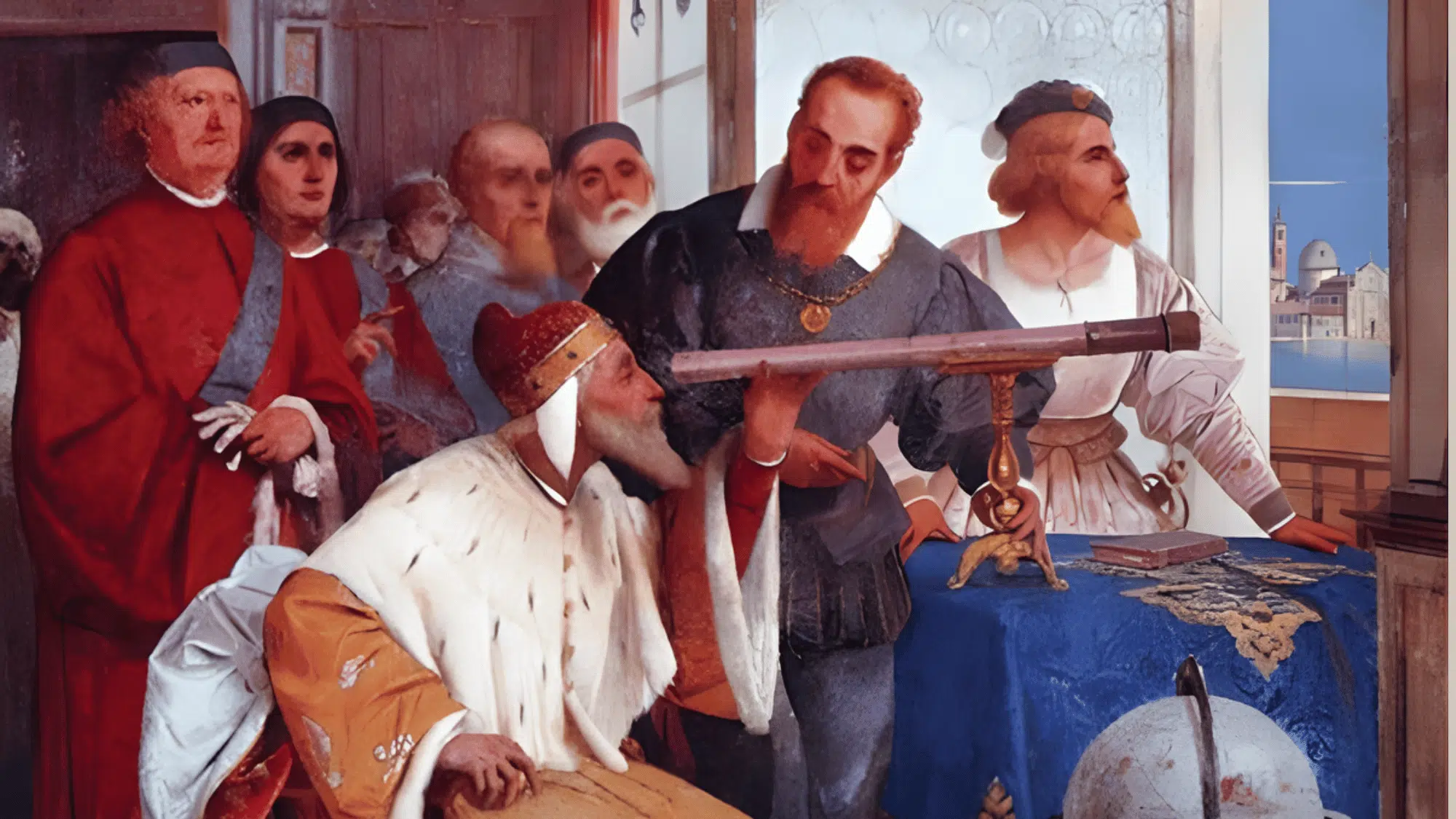 Renaissance-era painting depicting Galileo demonstrating a telescope, with a celestial globe visible in the foreground