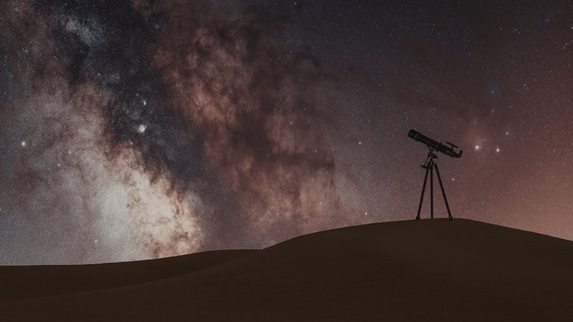 Silhouette of a telescope on a dark desert dune against a vibrant, star-filled night sky featuring the Milky Way
