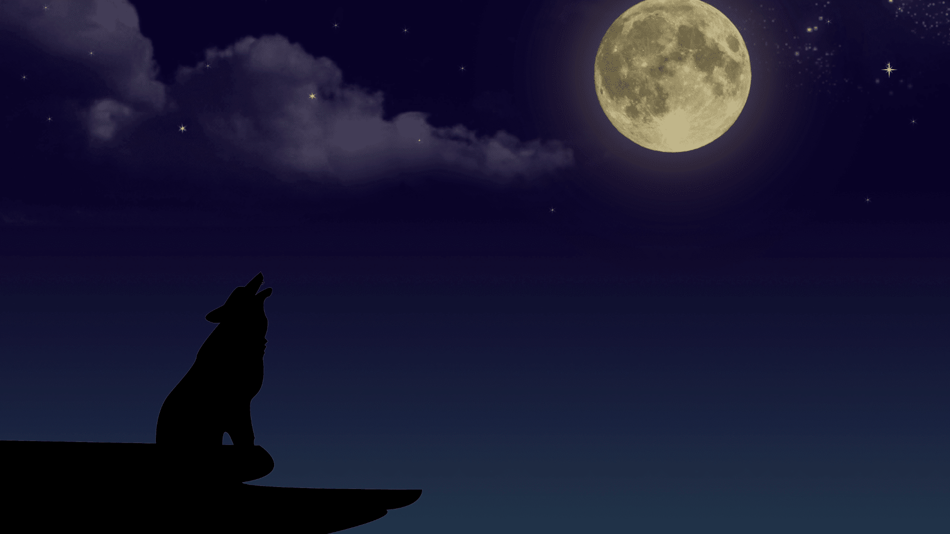 Silhouette of a wolf howling at a large, bright full moon against a dark, starry night sky with scattered clouds