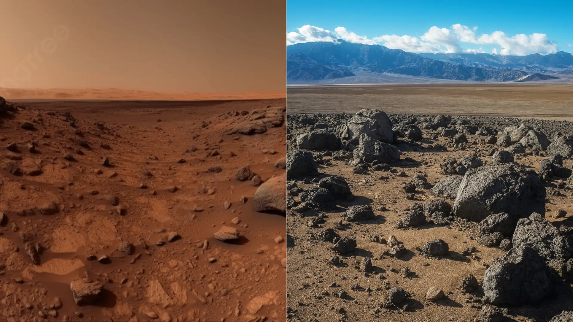 Split image contrasting a rocky, orange-hued Martian landscape on the left with a rocky, arid Earth landscape under a blue sky on the right