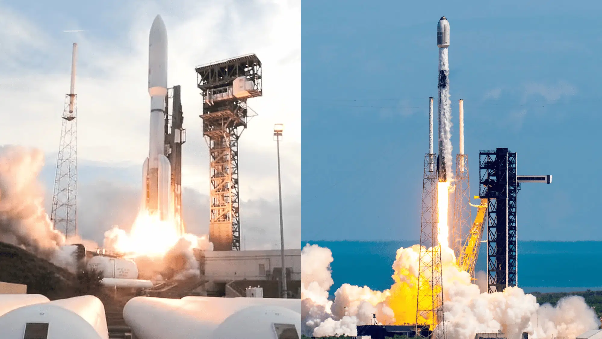 Split image showing two different rockets of amazom kuiper and starlink; launching with bright exhaust plumes beside their launch towers.