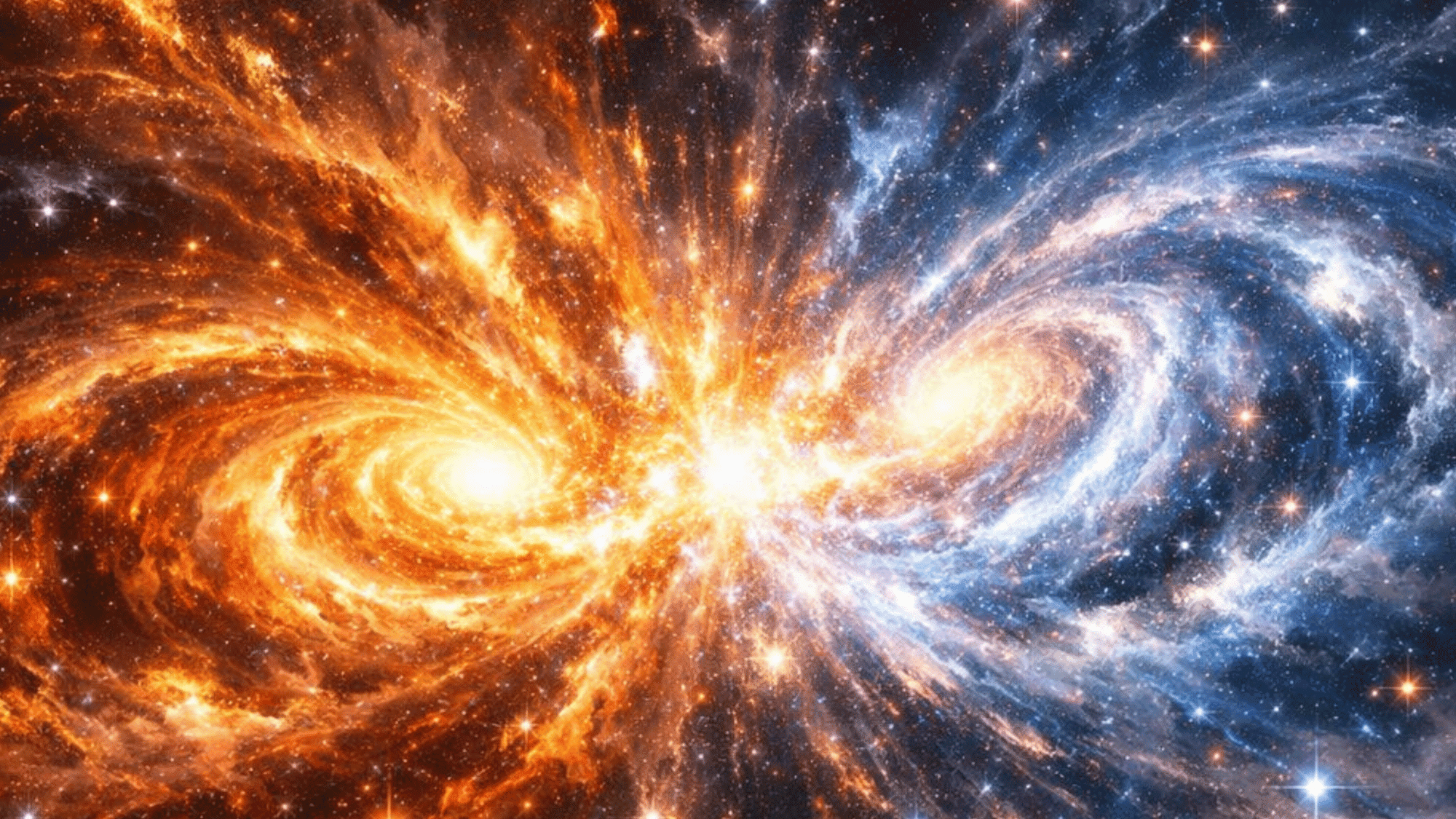 Two colliding spiral galaxies, one depicted in fiery orange and the other in cool blue, dominate a star-filled black space.
