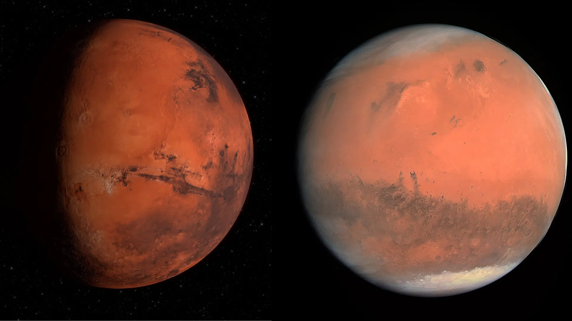 Two distinct renderings of the planet Mars against a starry black background, one close-up and one partially obscured by atmospheric haze