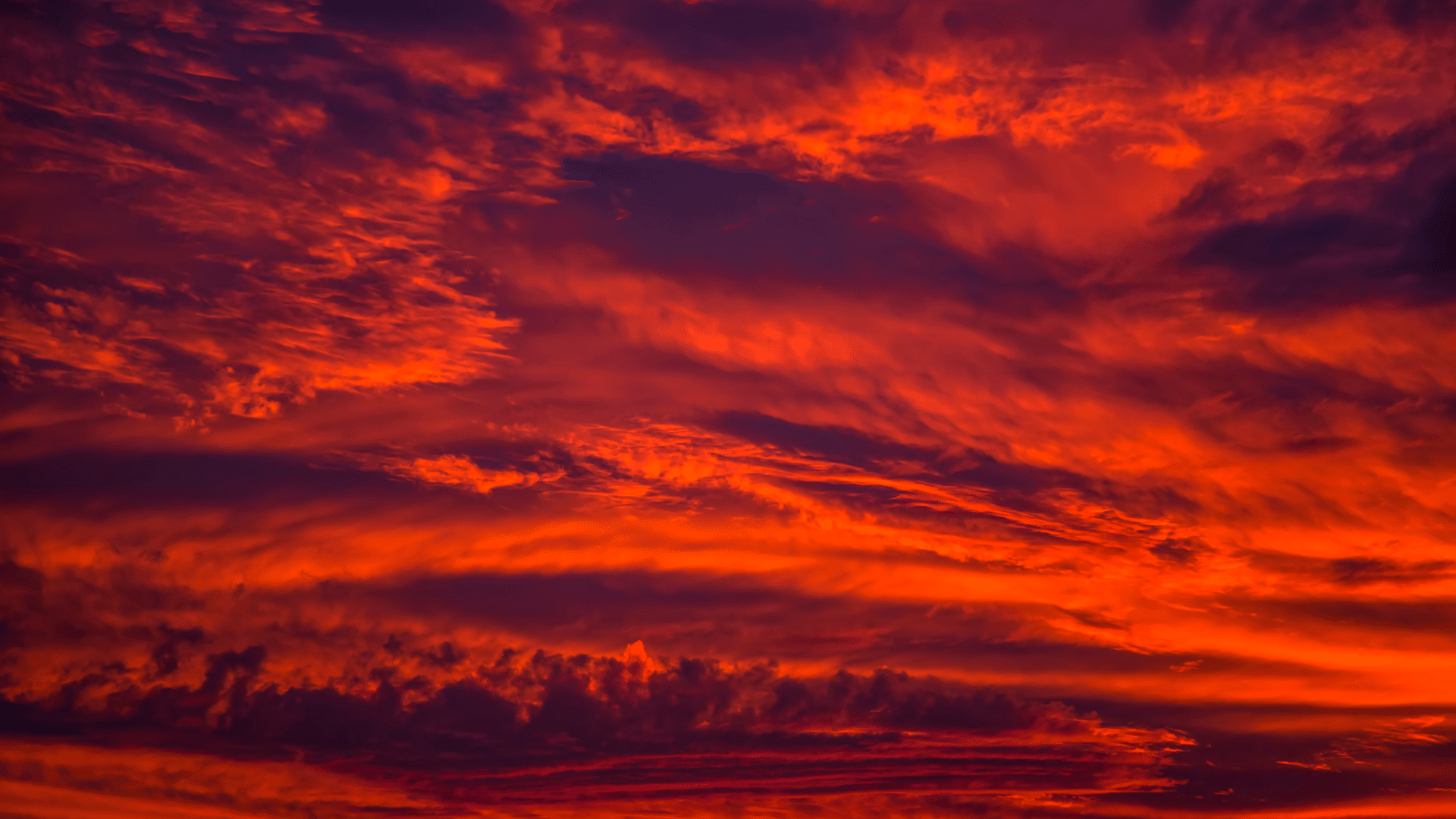 Vibrant, intensely red and orange streaked clouds fill the entire frame during a dramatic sunset or sunrise