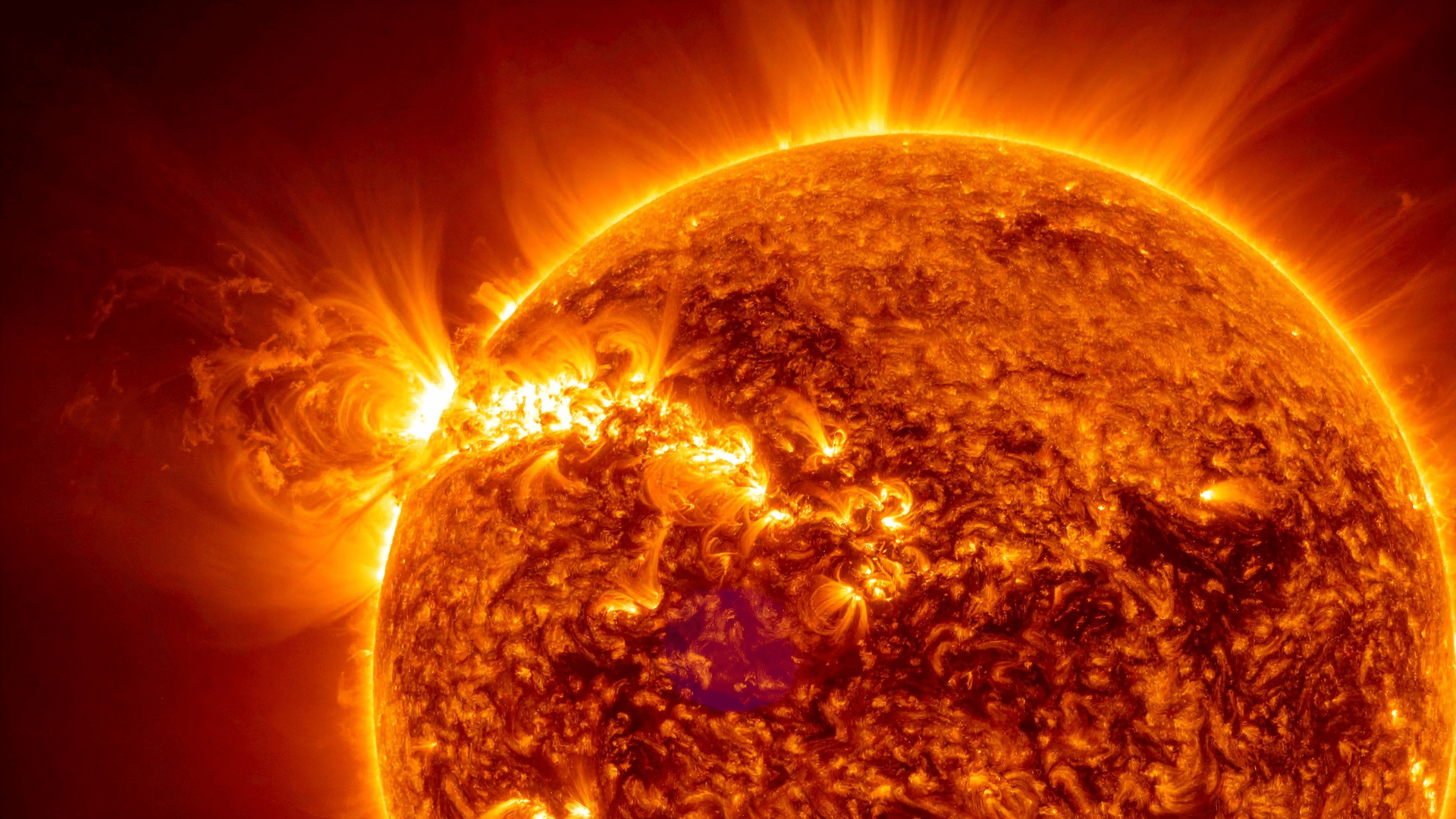 close-up of the Sun's surface showing intense solar activity, including a prominent solar flare erupting from the limb