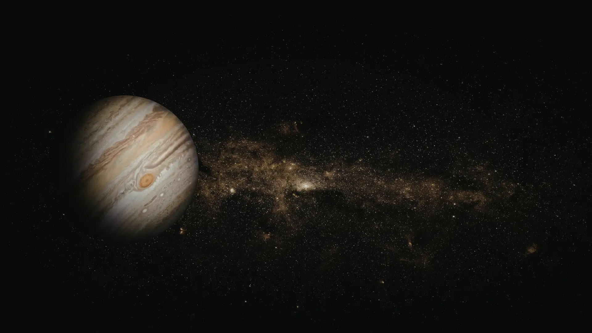 the gas giant Jupiter with its Great Red Spot set against a dark, star-filled expanse featuring a bright band of the Milky Way galaxy