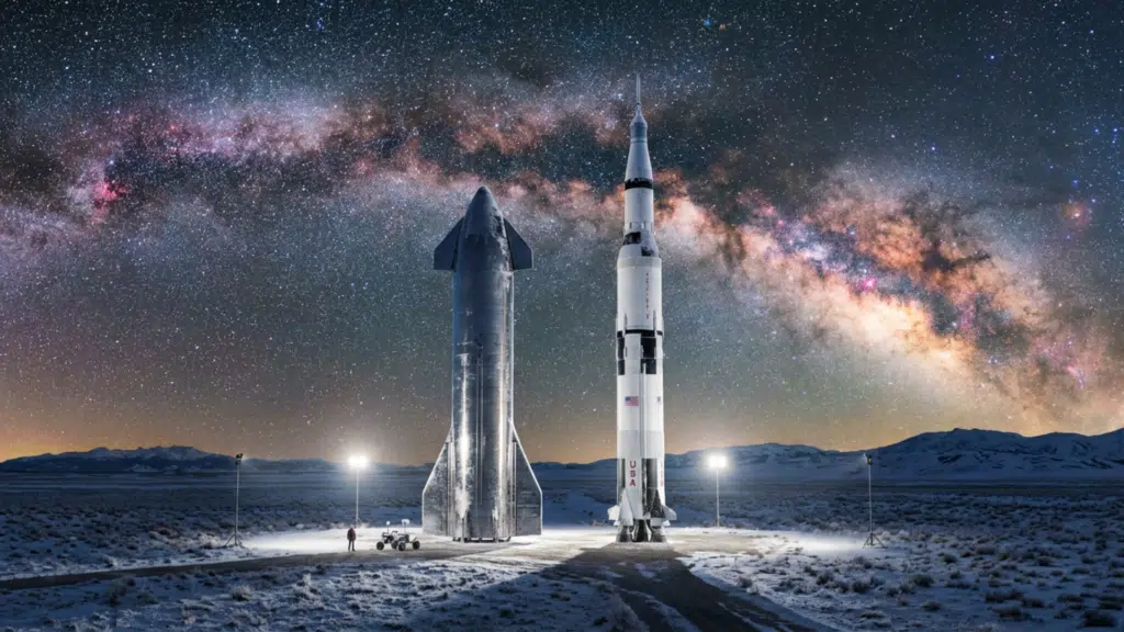 A SpaceX Starship and a Saturn V rocket stand on a dusty desert plain under a starry night sky