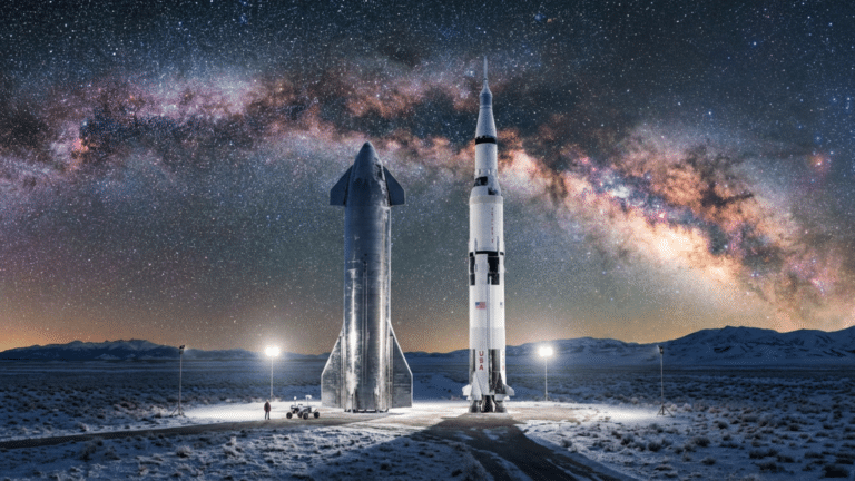 A SpaceX Starship and a Saturn V rocket stand on a dusty desert plain under a starry night sky