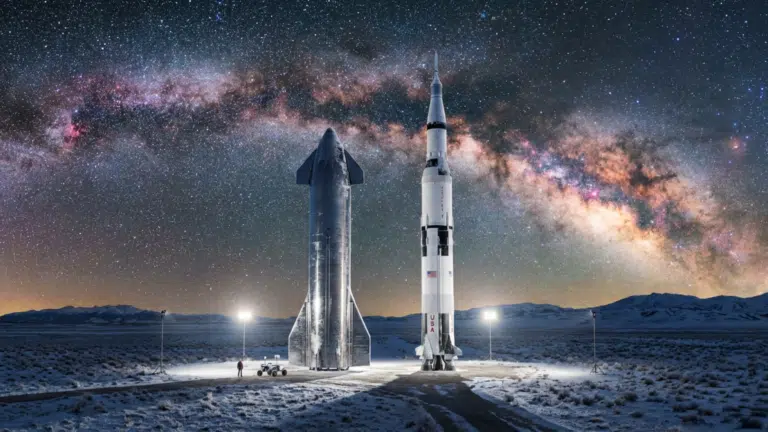 A SpaceX Starship and a Saturn V rocket stand on a dusty desert plain under a starry night sky