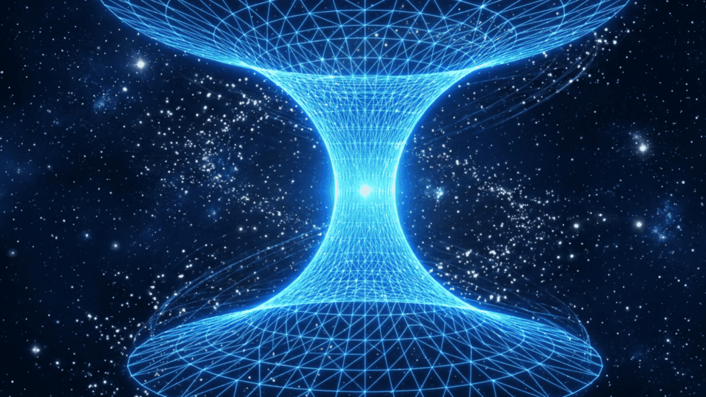A bright blue wireframe representation of a wormhole against a dark, starry cosmic background.
