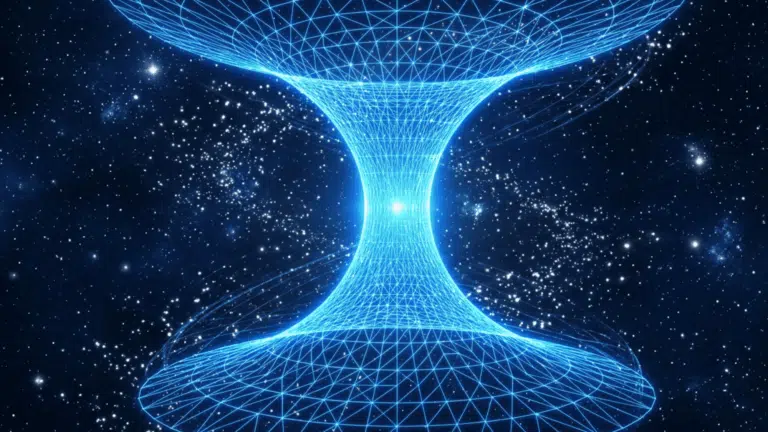 A bright blue wireframe representation of a wormhole against a dark, starry cosmic background.