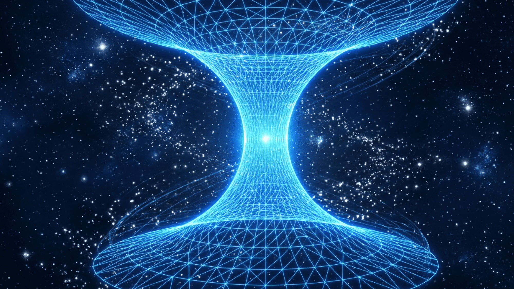 A bright blue wireframe representation of a wormhole against a dark, starry cosmic background.