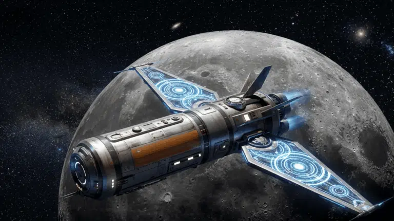 A futuristic spaceship with glowing blue accents flies past a large, cratered moon in the background.