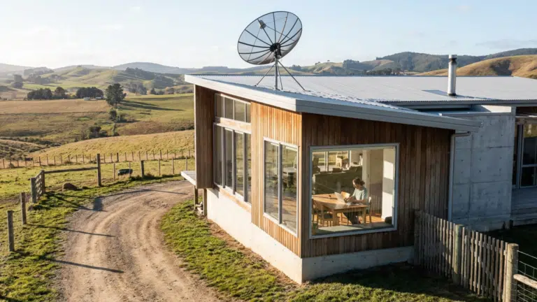 A modern home in a rural setting with a satellite dish on the roof person using a laptop inside