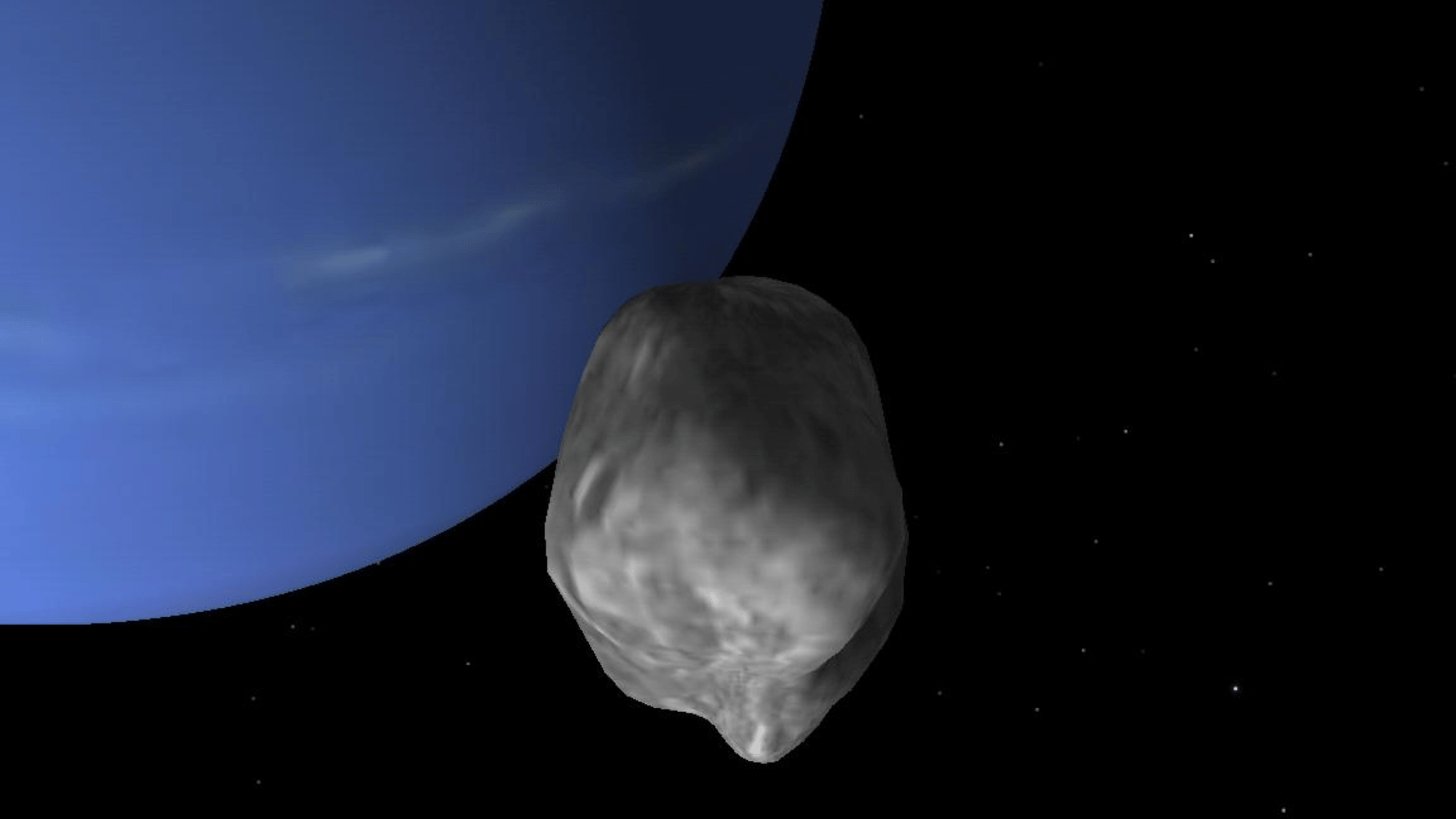 A simulated view of the moon Despina orbiting Neptune.