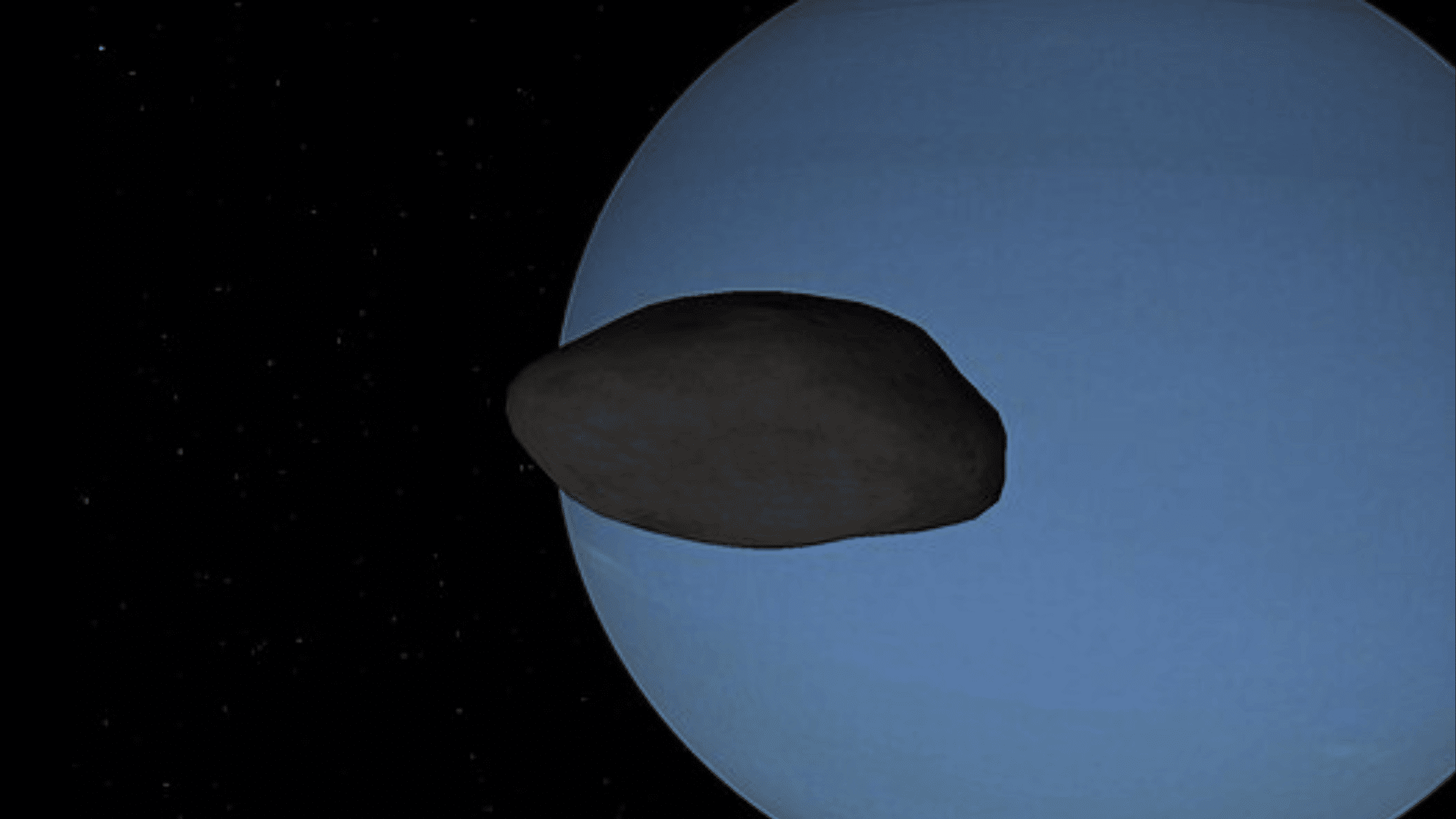 A simulated view of the moon Thalassa orbiting Neptune.