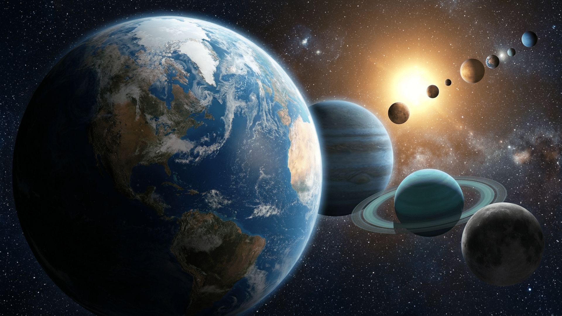 A solar system with multiple exoplanets and a bright sun in the background