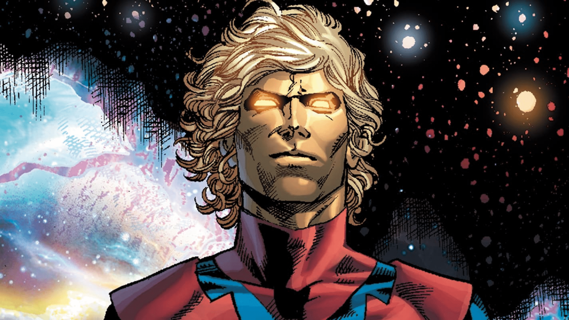 Adam Warlock comic book illustration with glowing orange eyes set against a dramatic cosmic background