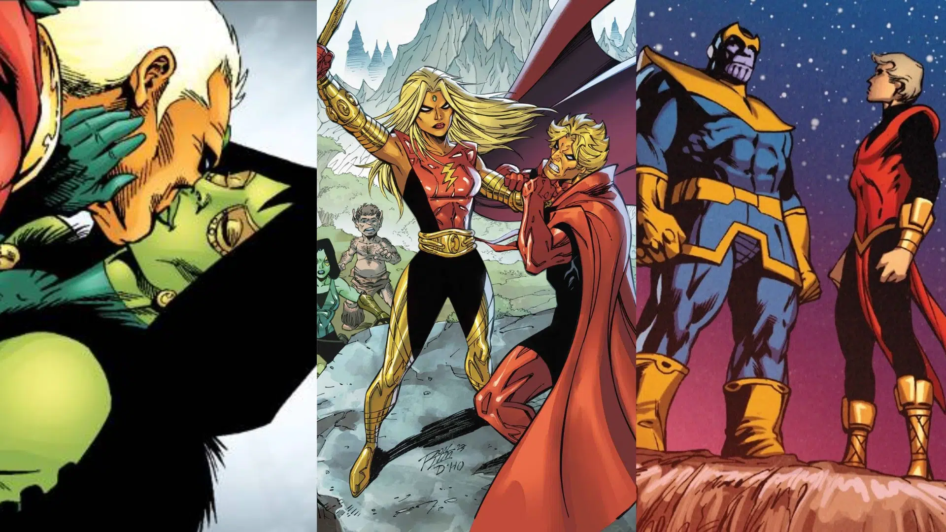 Adam Warlock montage with Gamora, Thanos, and cosmic battle scenes set against a dramatic star-filled space backdrop