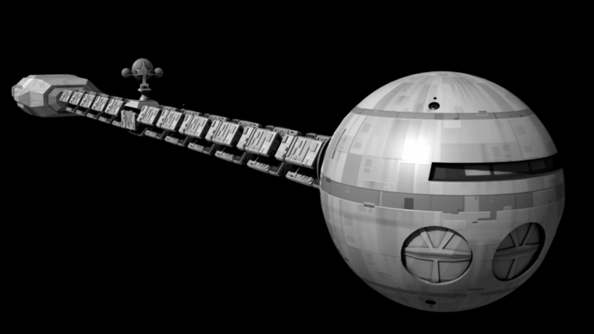 An image of Discovery One spaceship from 2001 A Space Odyssey film against a black background.