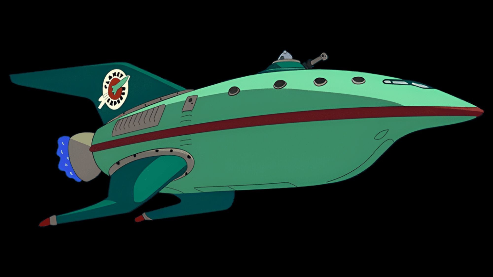 An image of Planet Express Ship spaceship from the series Futurama against a black background.