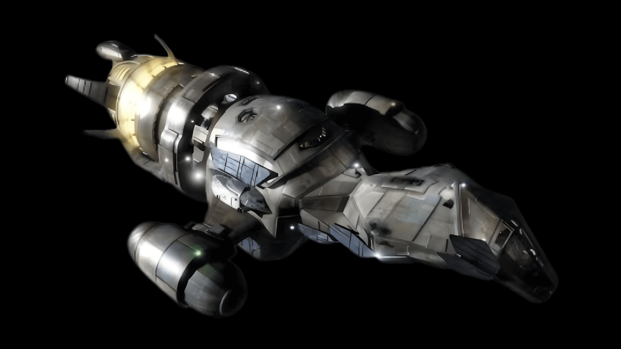 An image of Serenity spaceship from TV series Firefly against a black background.
