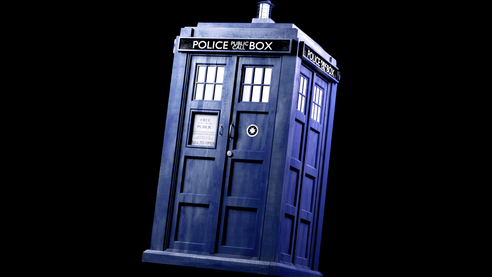 An image of TARDIS spaceship from the series Doctor Who against a black background.