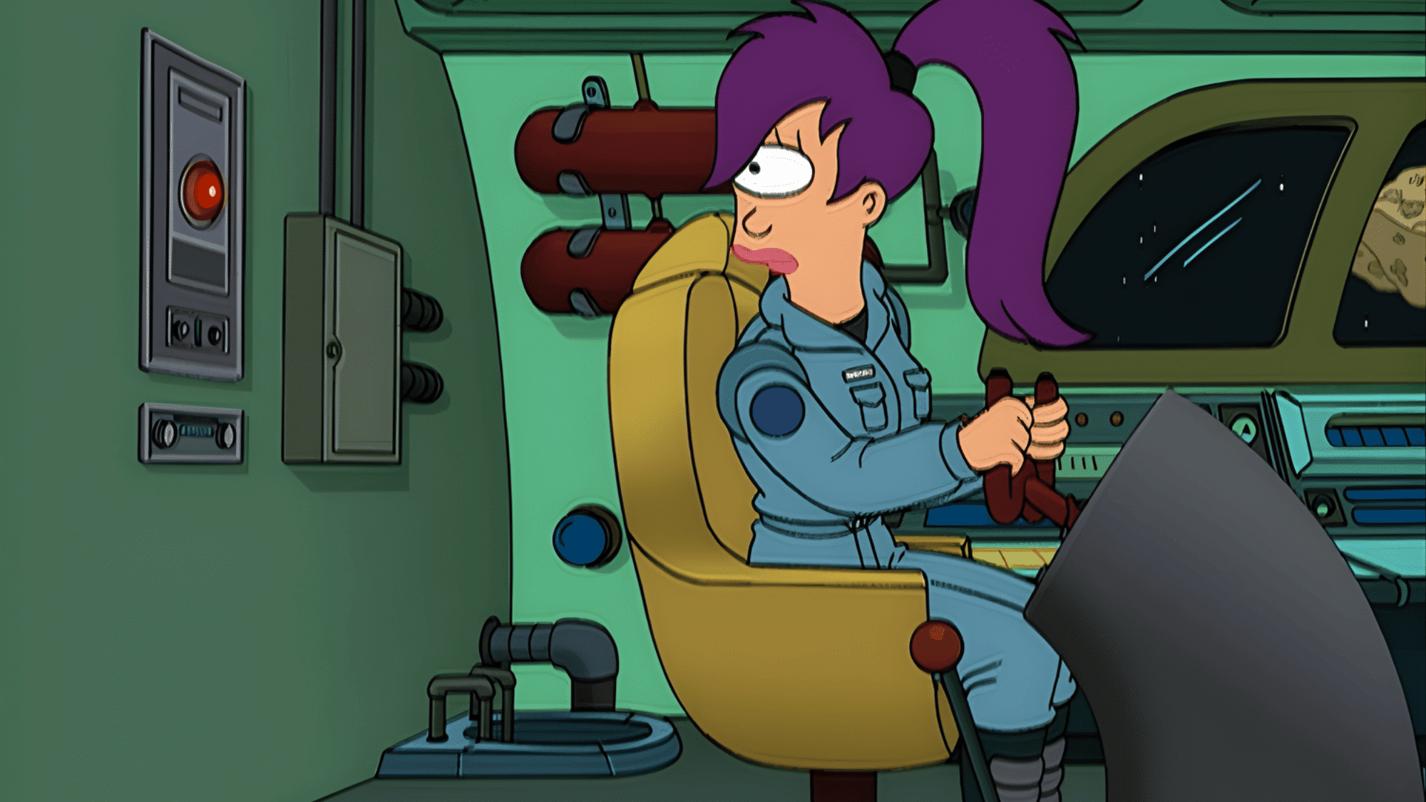 Animated character Leela, wearing a blue uniform, pilots a spaceship console with a concerned expression, while an asteroid is visible through the window.