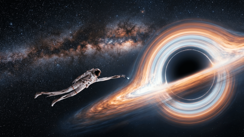 Astronaut floats toward a supermassive black hole with a glowing accretion disk, silhouetted against the Milky Way galaxy