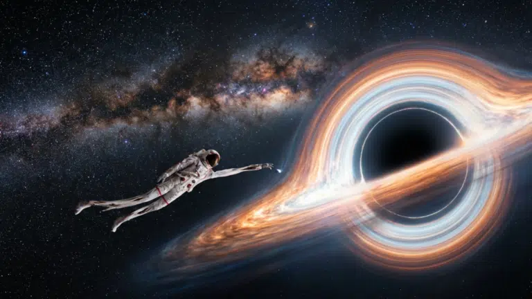 Astronaut floats toward a supermassive black hole with a glowing accretion disk, silhouetted against the Milky Way galaxy