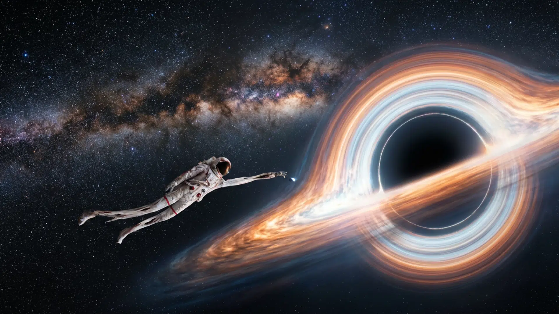 Astronaut floats toward a supermassive black hole with a glowing accretion disk, silhouetted against the Milky Way galaxy
