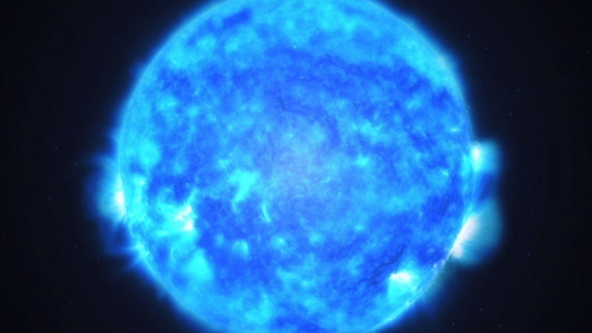 Brilliant blue star with visible flares erupting against the dark expanse of space