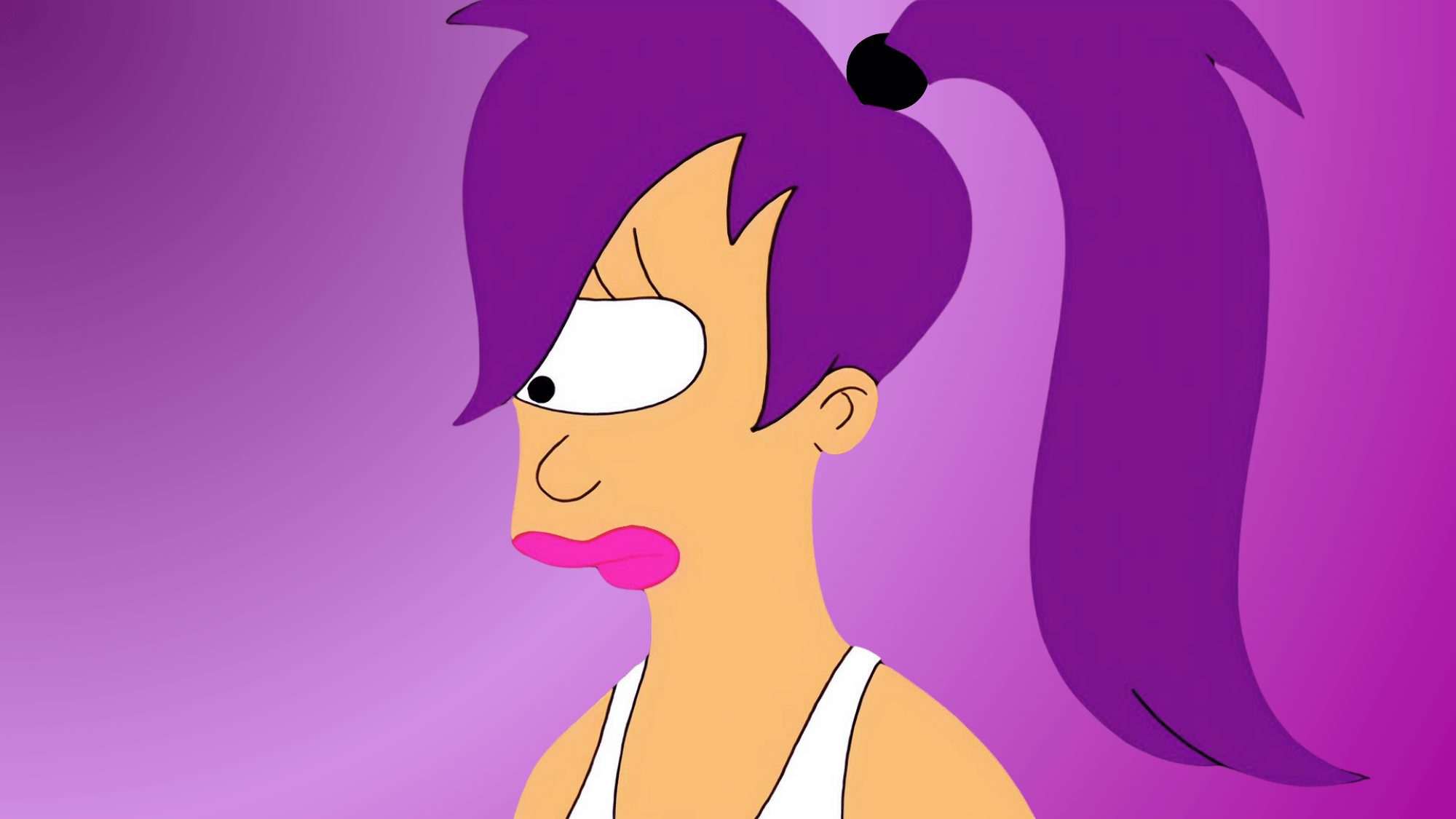 Cartoon character Leela Turanga from Futurama with purple hair in a ponytail