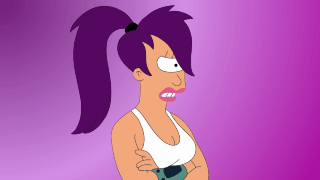 Cartoon character Leela from Futurama with purple hair in a ponytail, arms crossed against a purple gradient background.