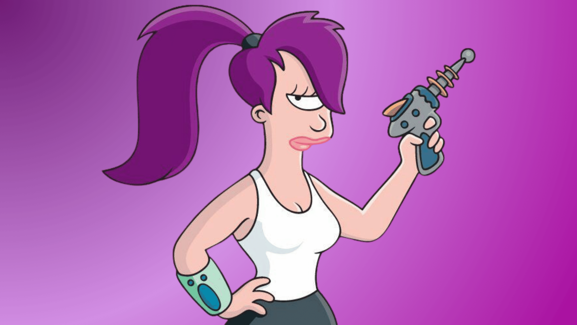 Cartoon illustration of Leela from Futurama with purple hair in a high ponytail, wearing a white tank top and holding a ray gun.
