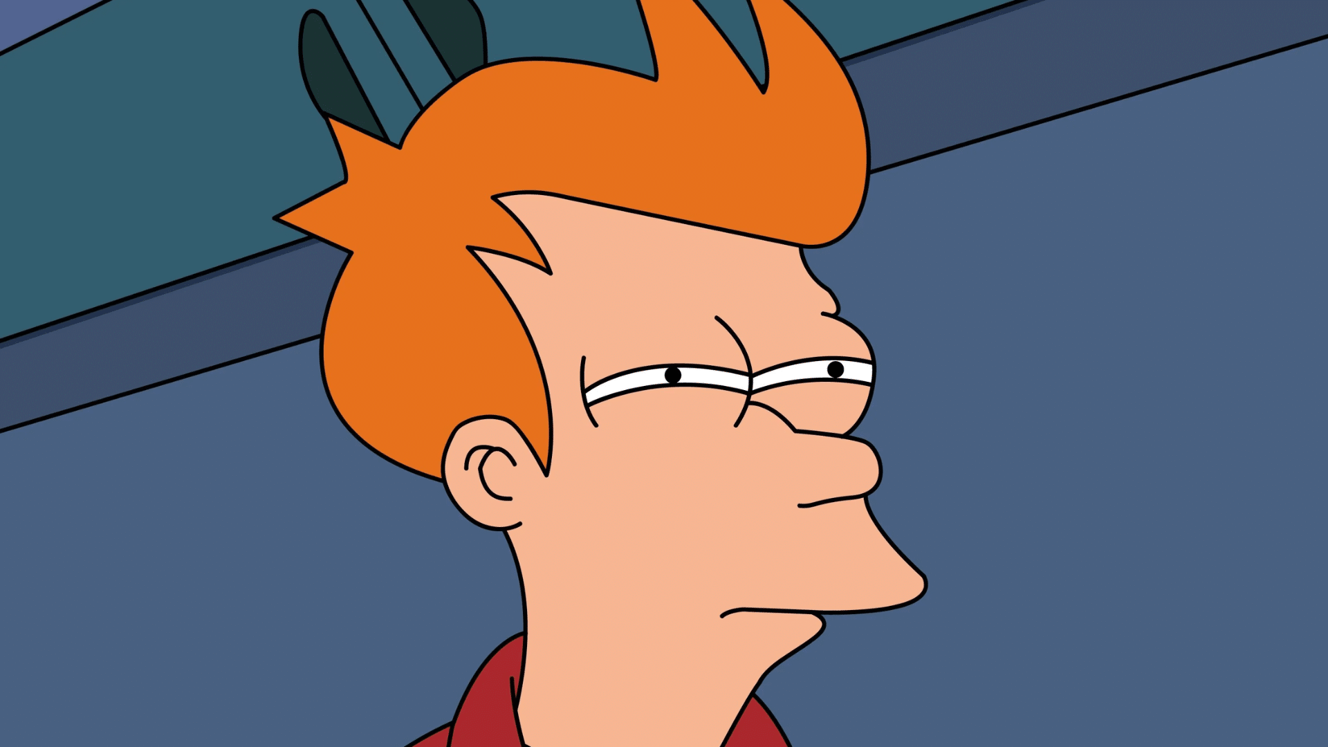 Close-up cartoon profile shot of Fry from Futurama with narrowed, suspicious eyes