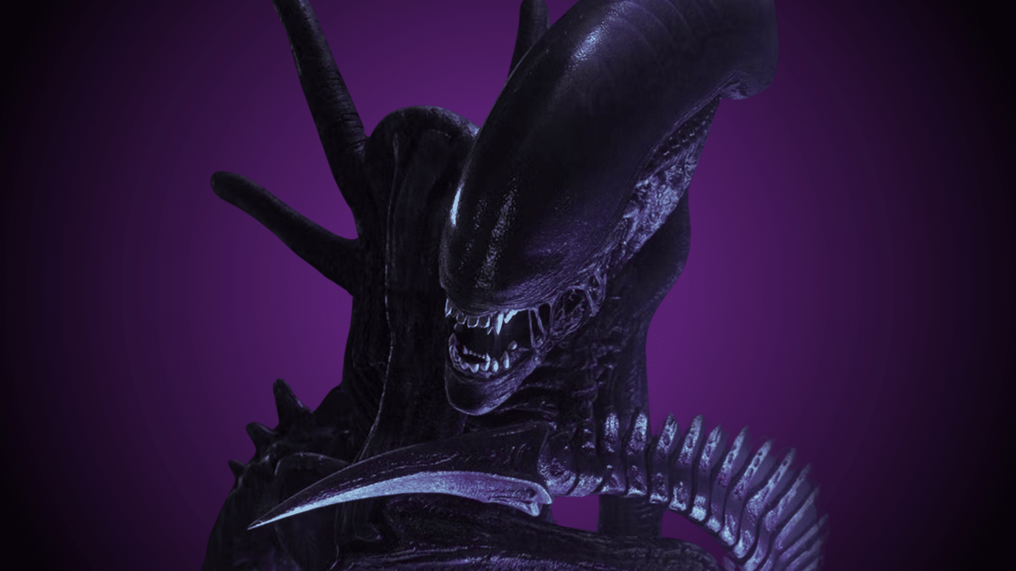 Close-up of a highly detailed Xenomorph creature with an elongated, glossy black head, sharp teeth.