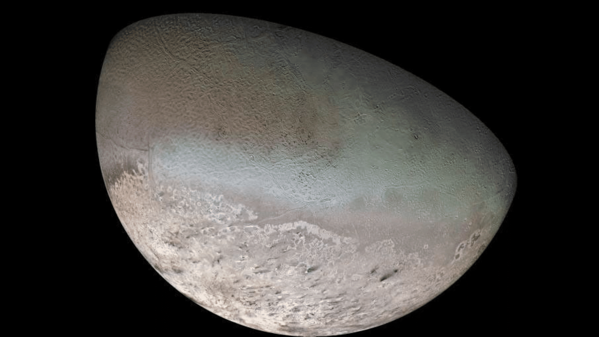 Close-up view of Neptune's moon Triton against a black space background.