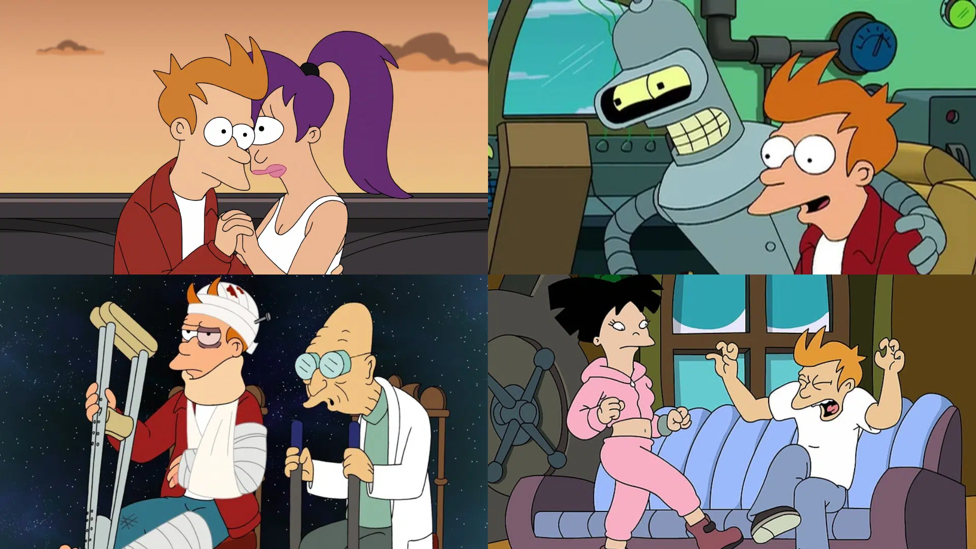 Collage of four Futurama scenes featuring Fry, Leela, Bender, Professor Farnsworth, and Amy
