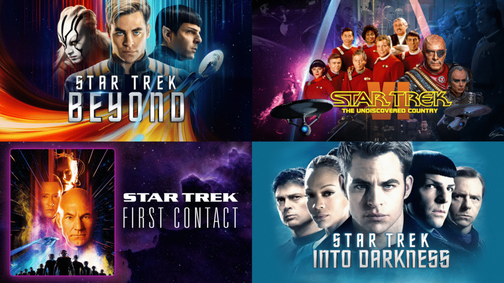 Collage of four Star Trek movie posters featuring main characters