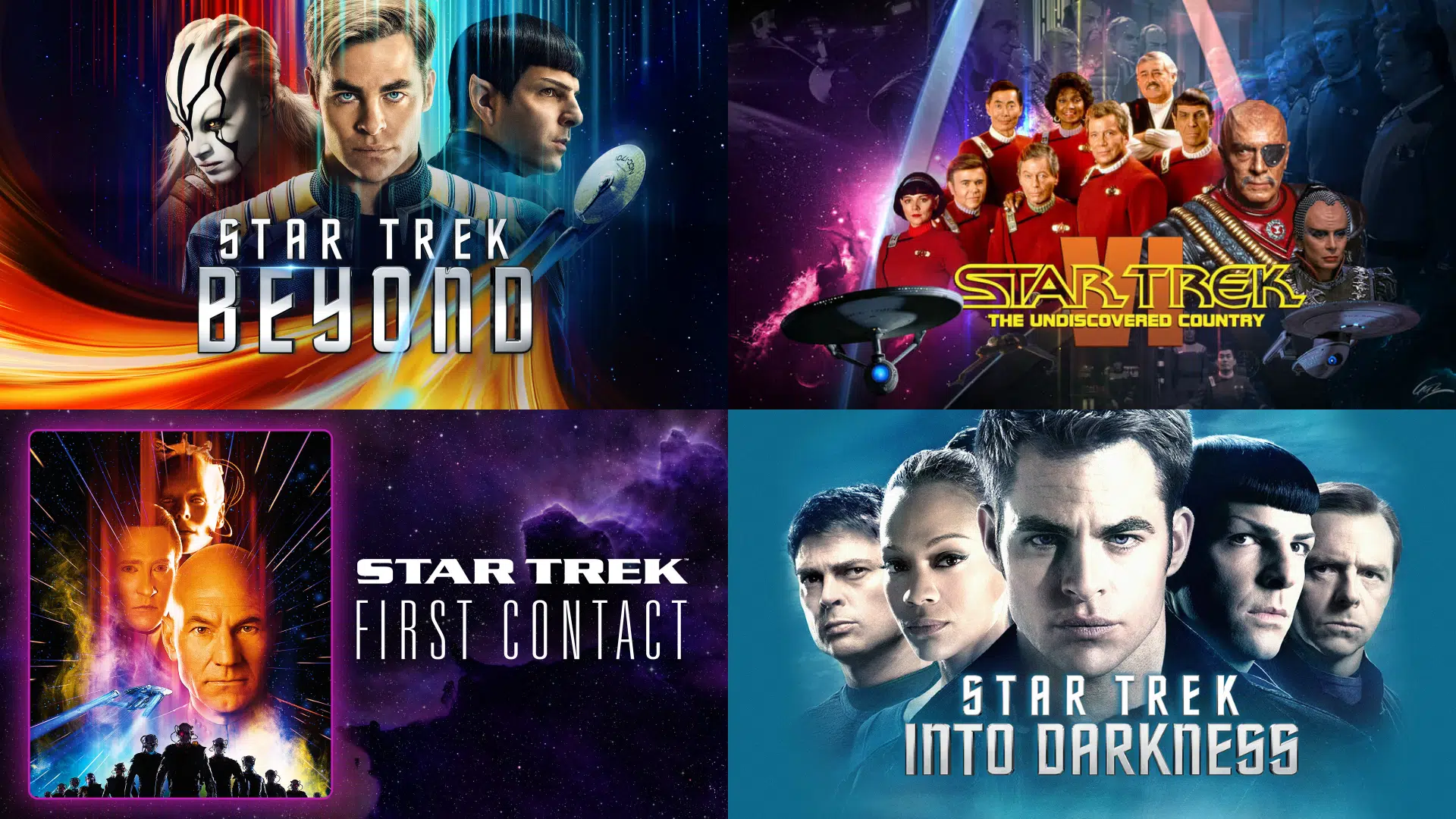 Collage of four Star Trek movie posters featuring main characters
