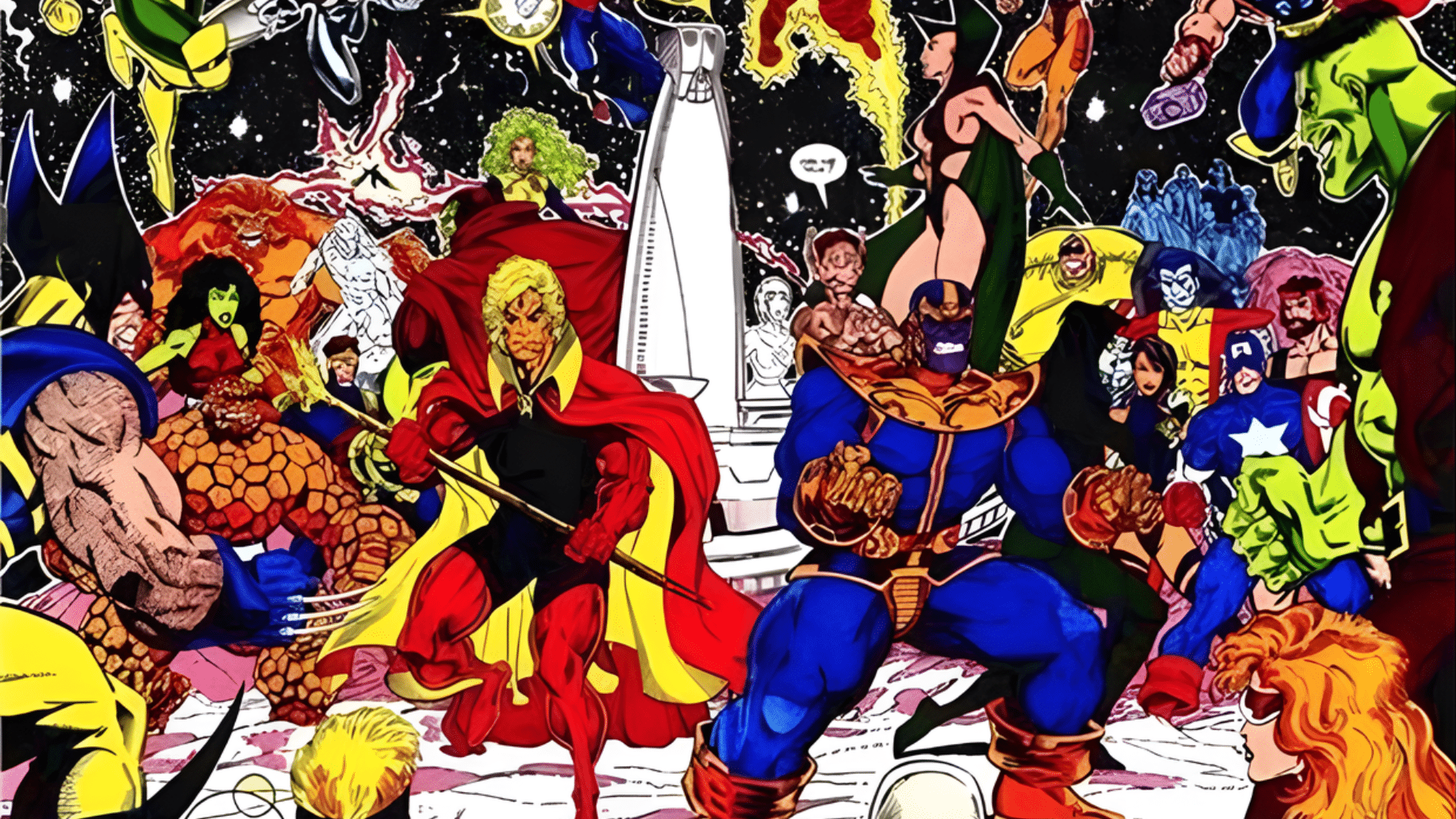 Comic book illustration depicting a large confrontation between numerous Marvel superheroes, including Adam Warlock and Thanos