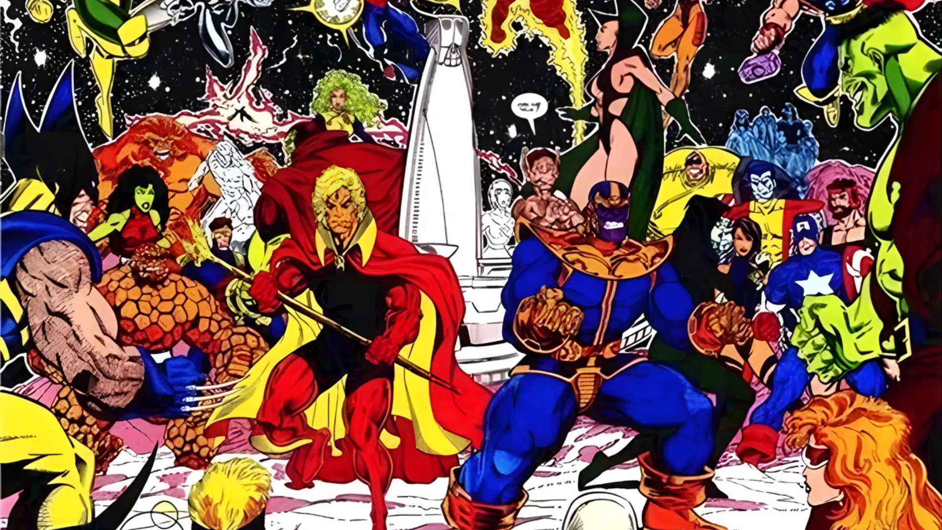 Comic book illustration depicting a large confrontation between numerous Marvel superheroes, including Adam Warlock and Thanos