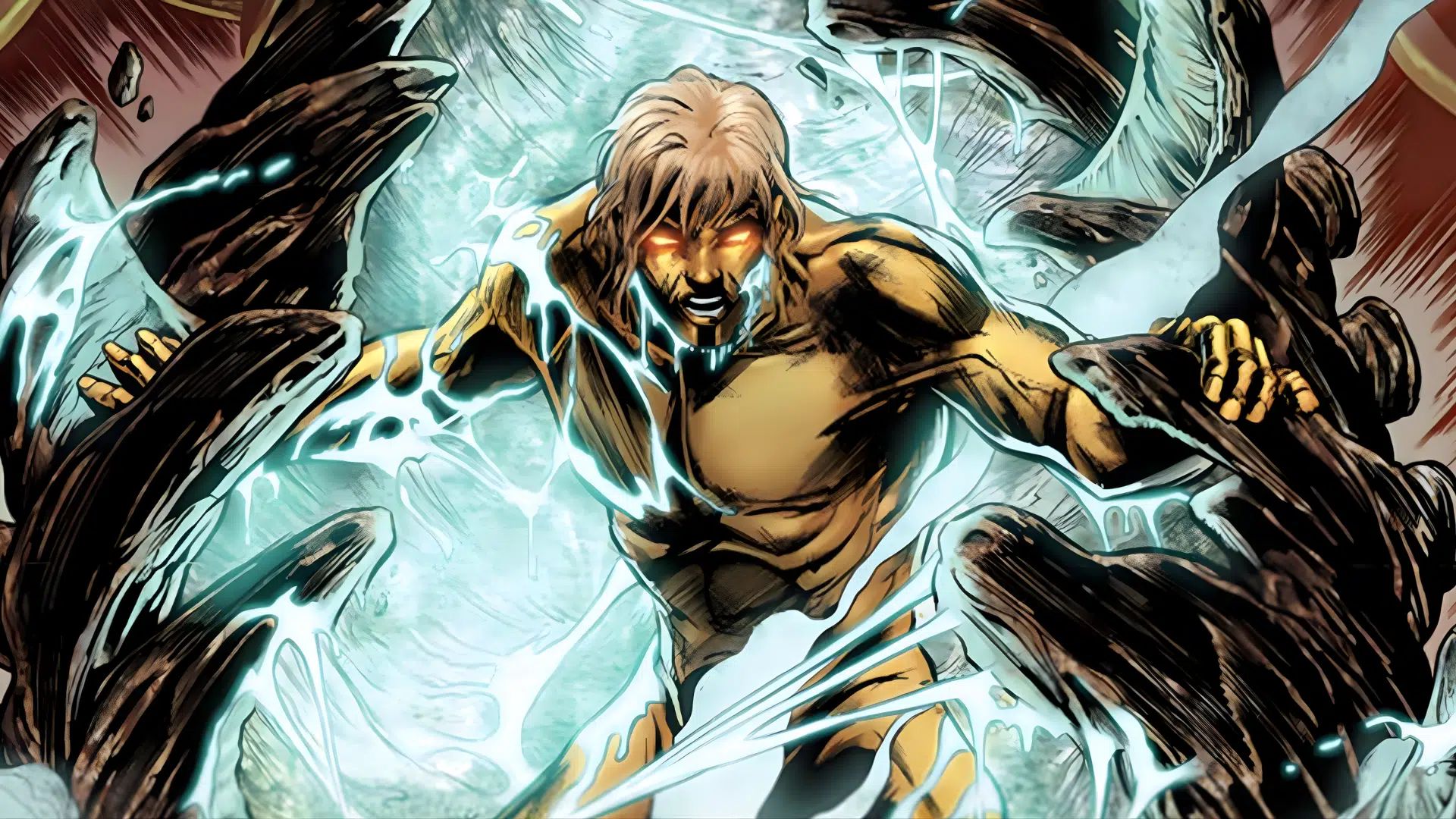 Comic book illustration of a Adam Warlock with intense orange eyes surrounded by swirling blue energy