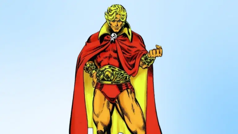 Comic book illustration of the Marvel character Adam Warlock against the blue background