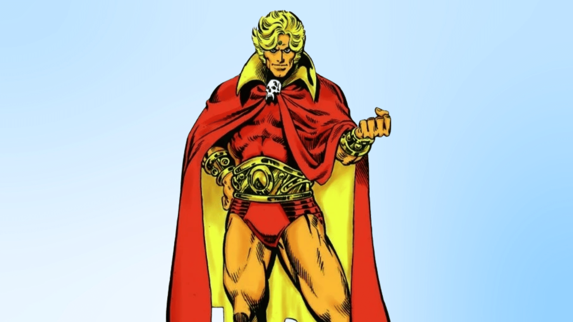 Comic book illustration of the Marvel character Adam Warlock against the blue background