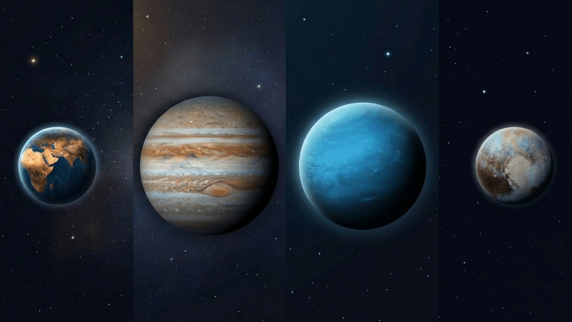 Comparison chart of terrestrial planets, gas giants, ice giants, and dwarf planets