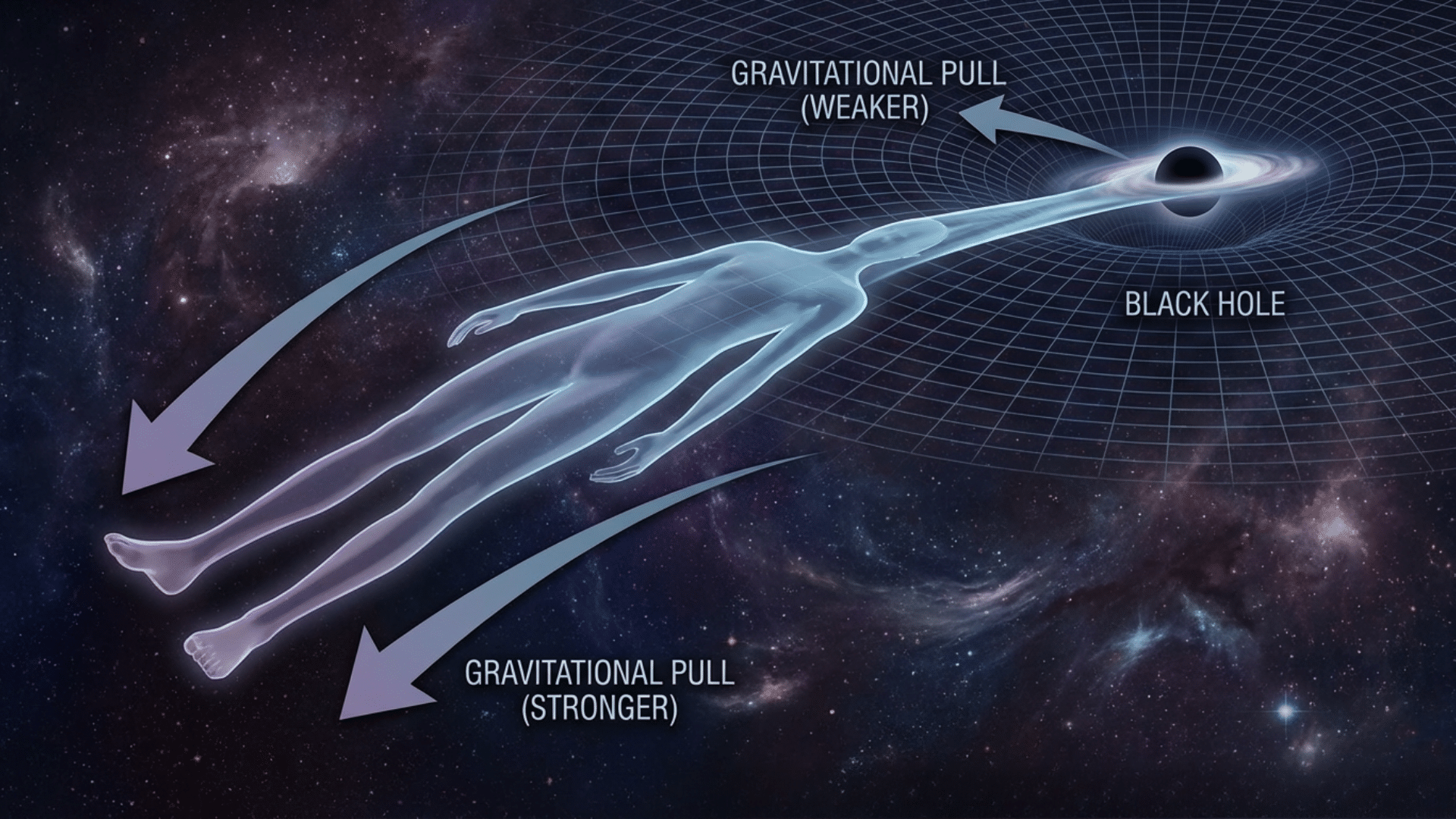 Conceptual image showing how a human body would stretch near a black hole